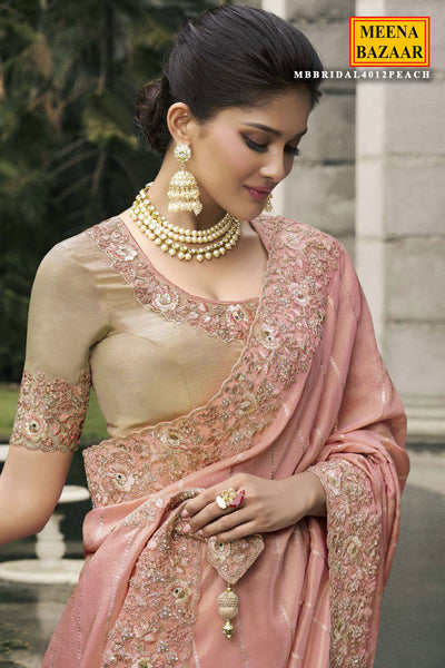 Peach Tissue Silk Embroidered Saree