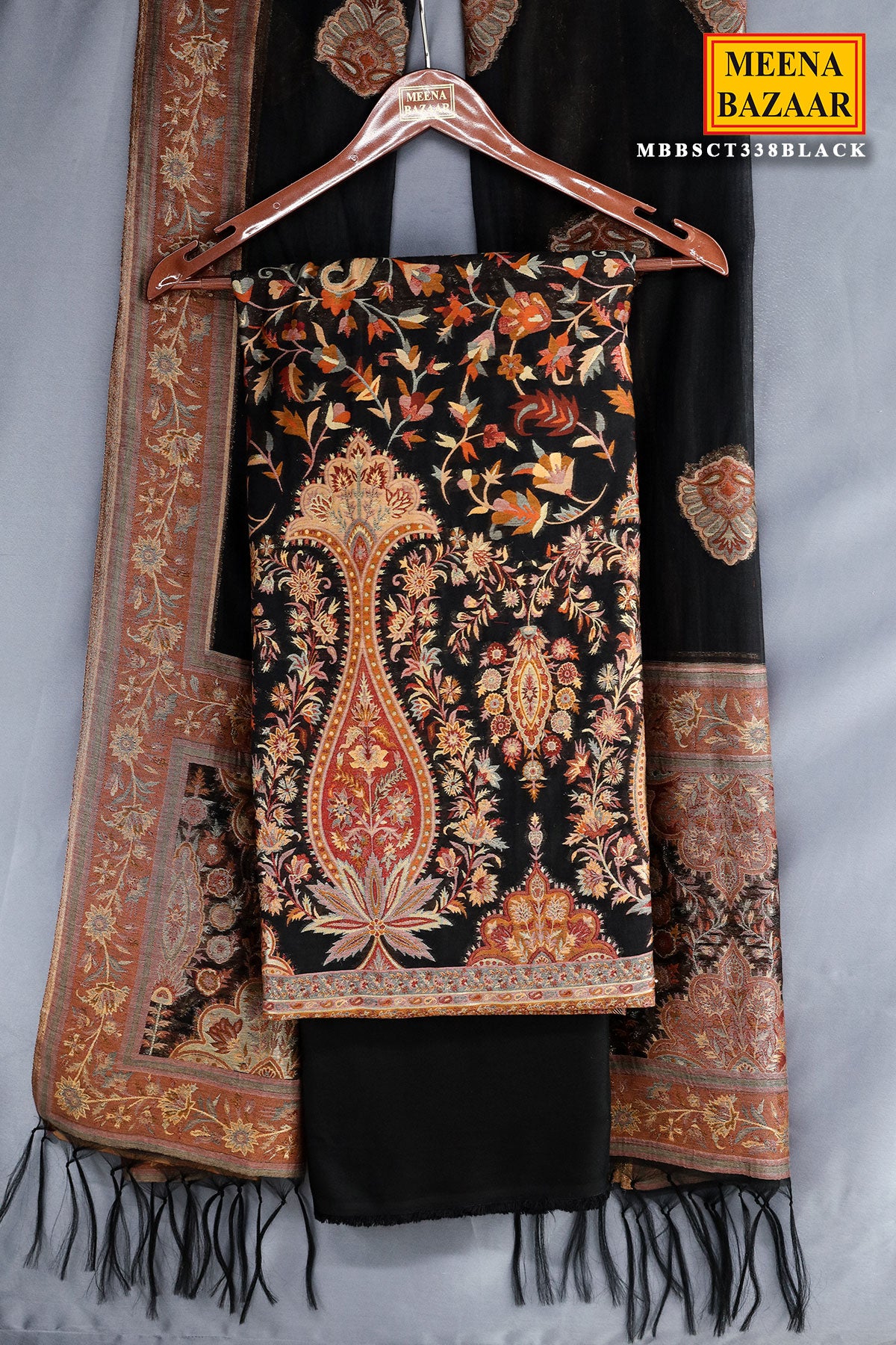 Black Chanderi Silk Floral Banarasi Weaving Suit Set