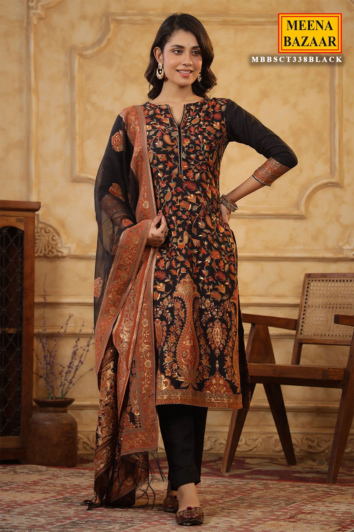 Black Chanderi Silk Floral Banarasi Weaving Suit Set