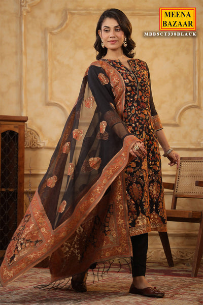 Black Chanderi Silk Floral Banarasi Weaving Suit Set