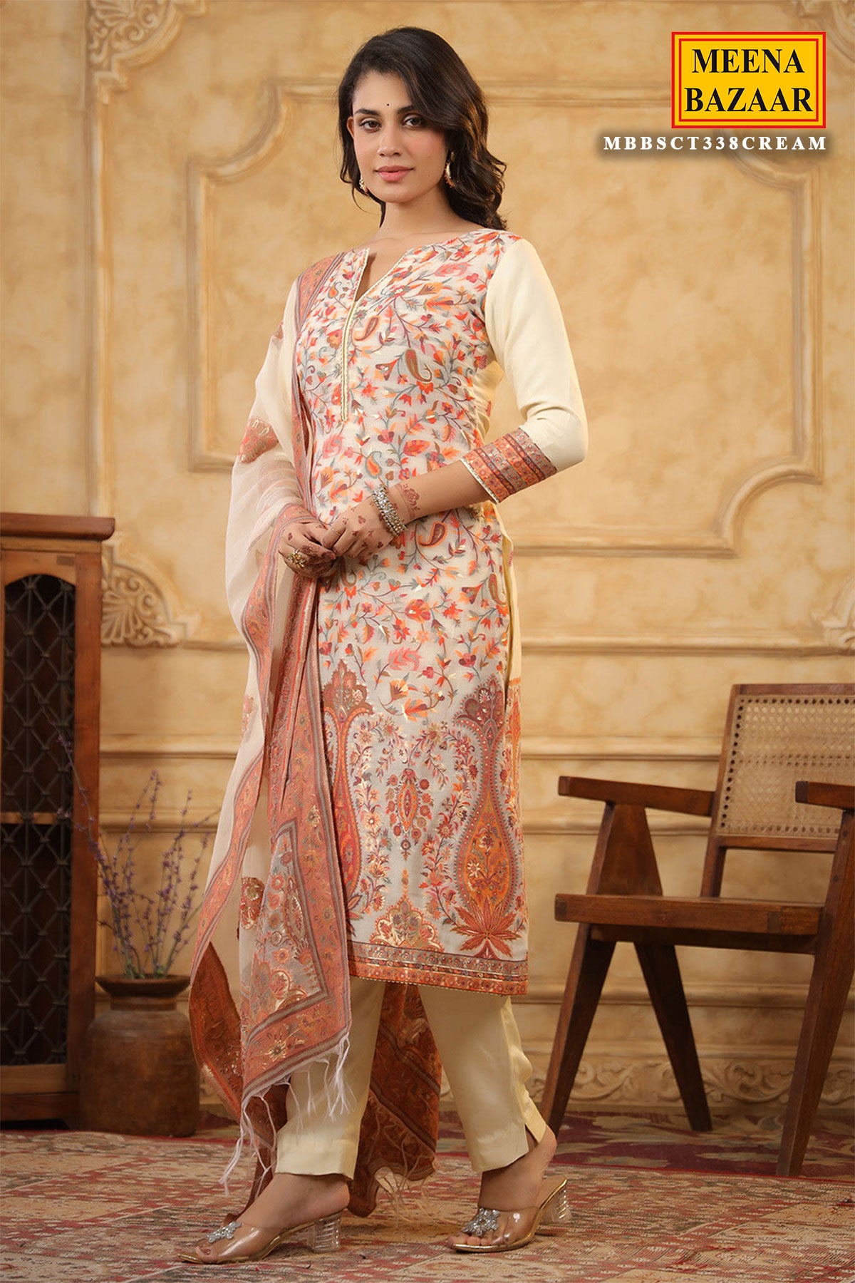 Cream Chanderi Silk Floral Banarasi Weaving Suit Set