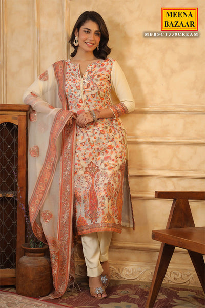 Cream Chanderi Silk Floral Banarasi Weaving Suit Set