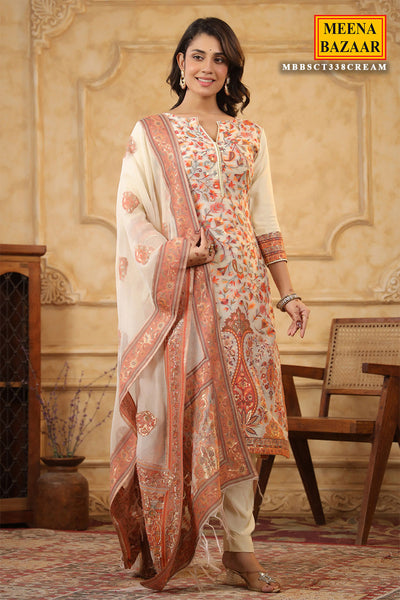 Cream Chanderi Silk Floral Banarasi Weaving Suit Set