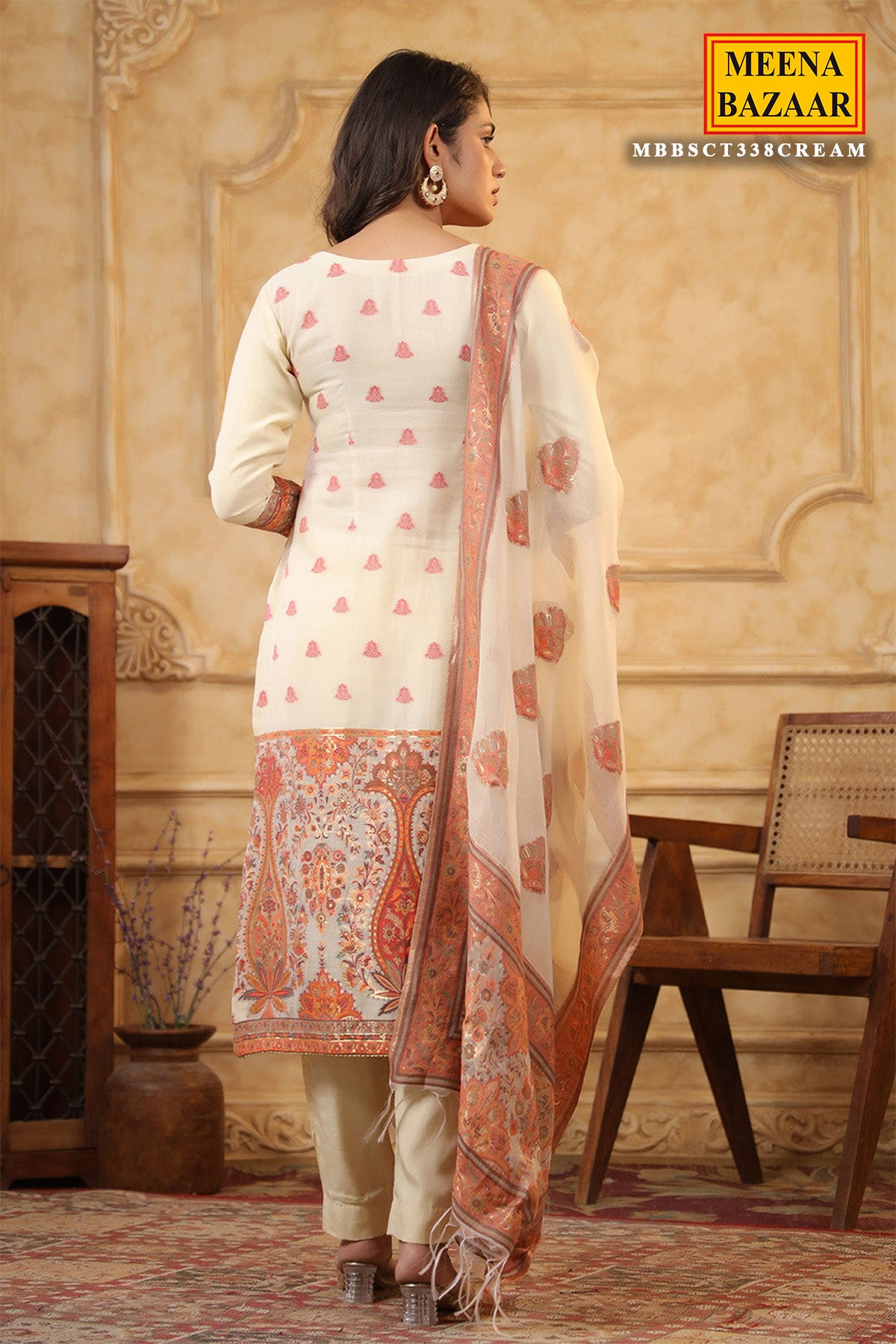 Cream Chanderi Silk Floral Banarasi Weaving Suit Set