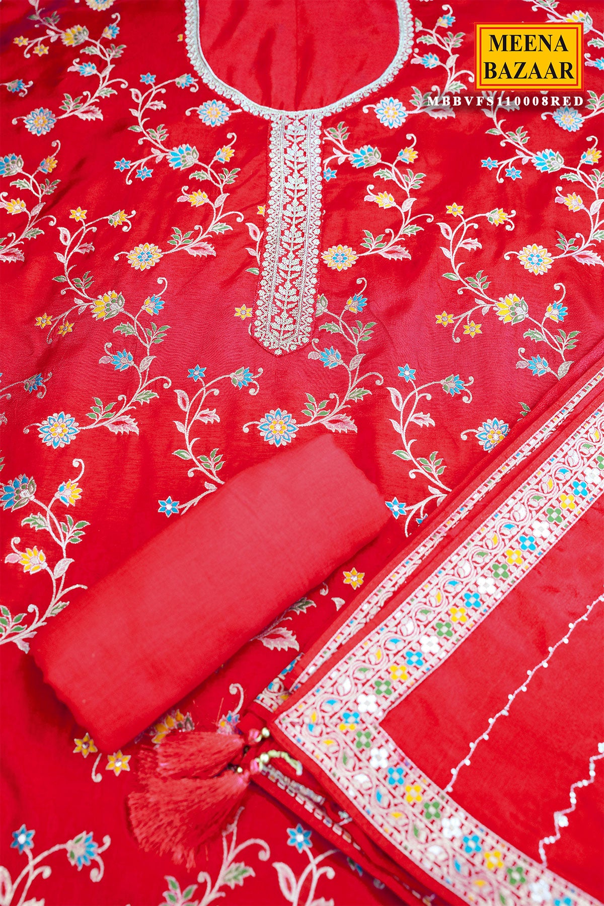 Red Silk Zari Neck Embroidered Unstitched Suit Fabric