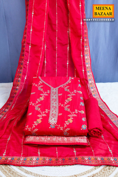 Red Silk Zari Neck Embroidered Unstitched Suit Fabric