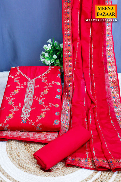 Red Silk Zari Neck Embroidered Unstitched Suit Fabric