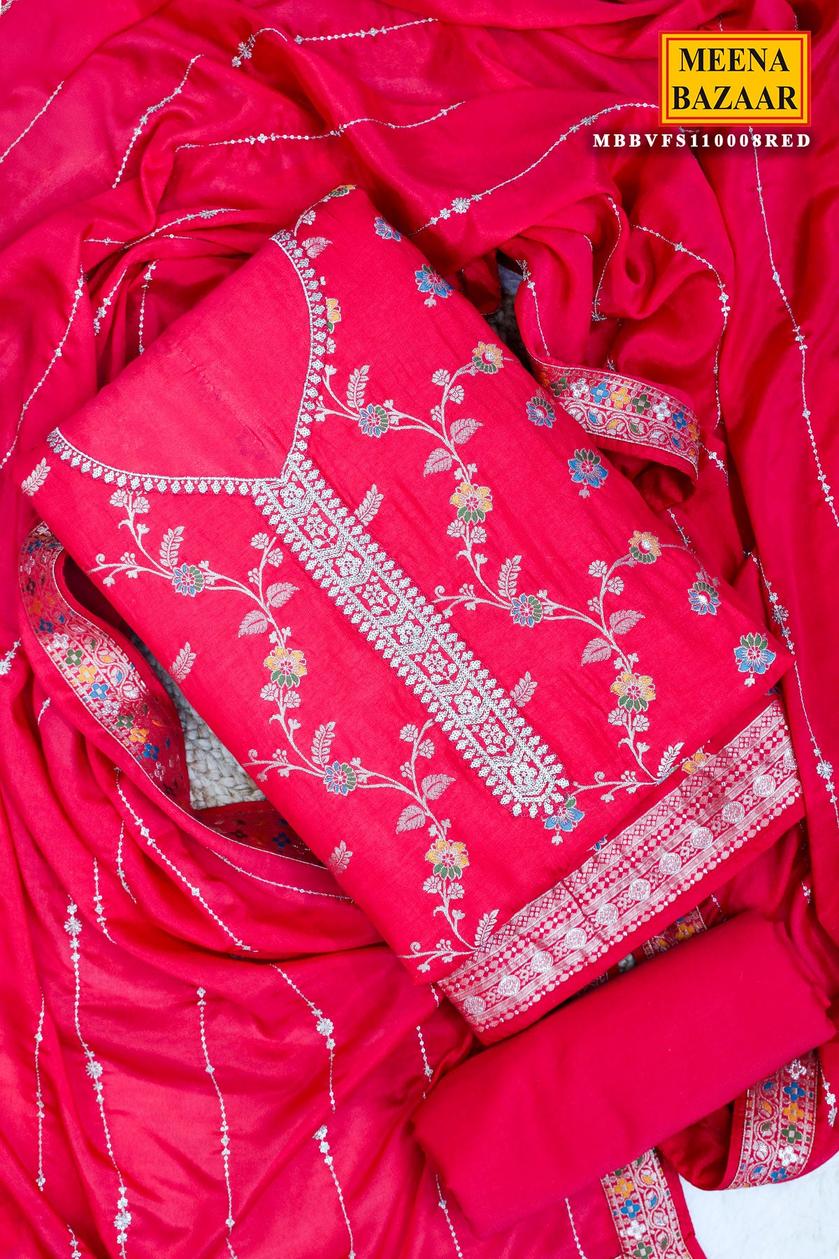 Red Silk Zari Neck Embroidered Unstitched Suit Fabric