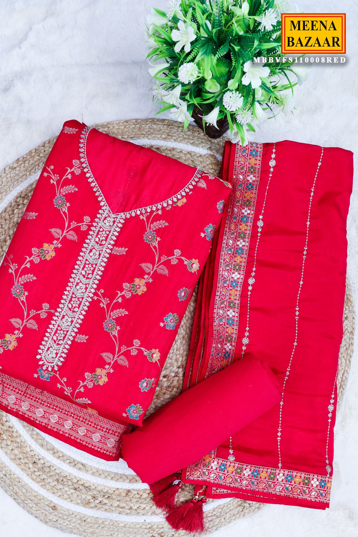 Red Silk Zari Neck Embroidered Unstitched Suit Fabric