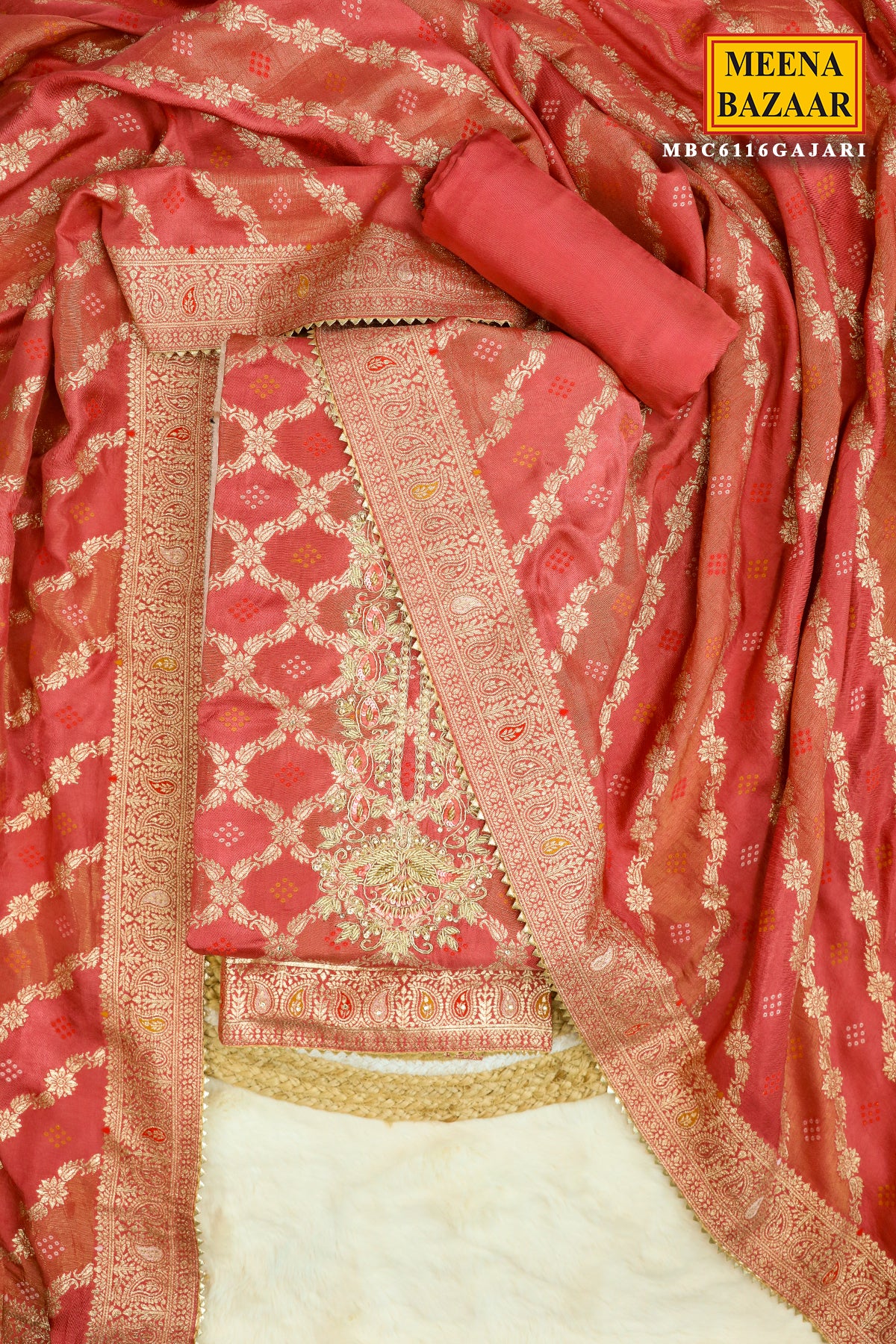 Gajari Silk Blend Swarovski, Cut-dana Zari Embroidered Suit Set