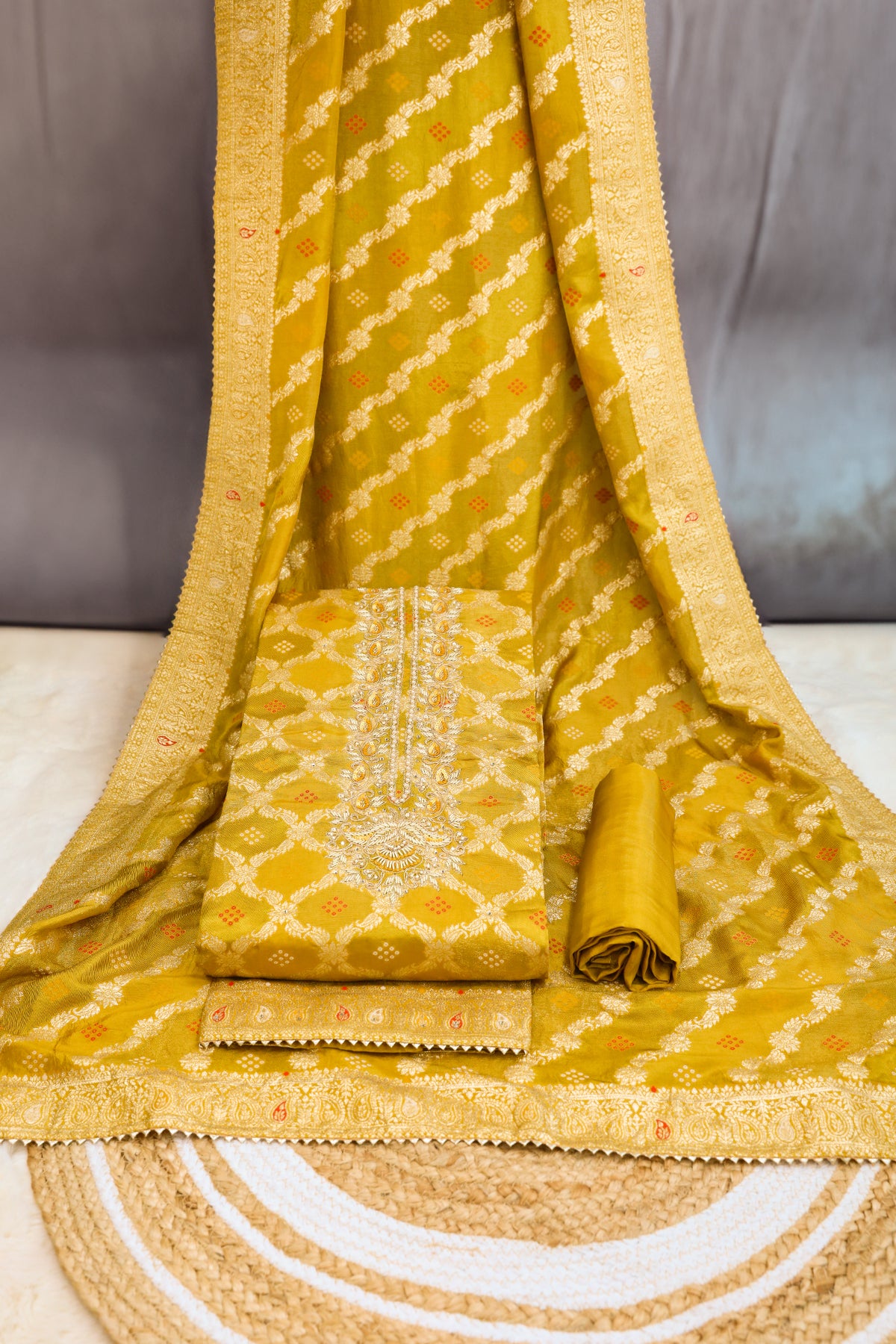 Mustard Silk Blend Swarovski, Cut-dana Zari Embroidered Suit Set