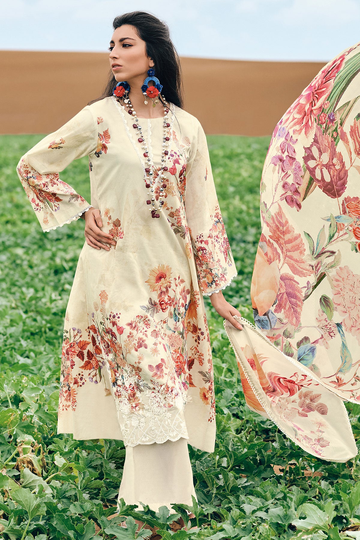 Cream Cotton Printed Lace Embroidered Unstitched Suit Set