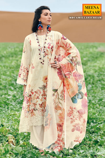 Cream Cotton Printed Lace Embroidered Unstitched Suit Set