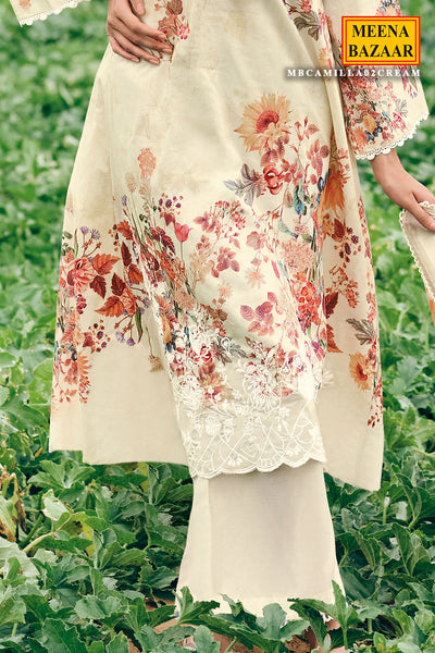 Cream Cotton Printed Lace Embroidered Unstitched Suit Set