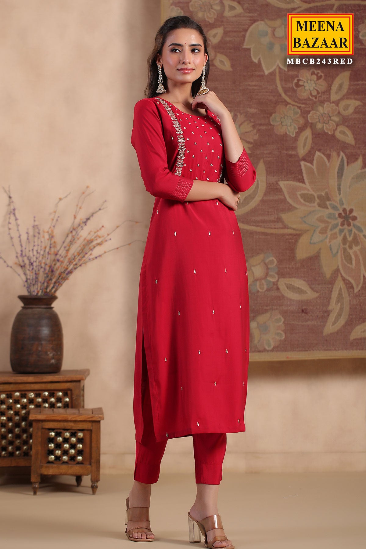 Straight 3/4th Sleeve Rayon Kurti And Palazzo With Embroidery Work