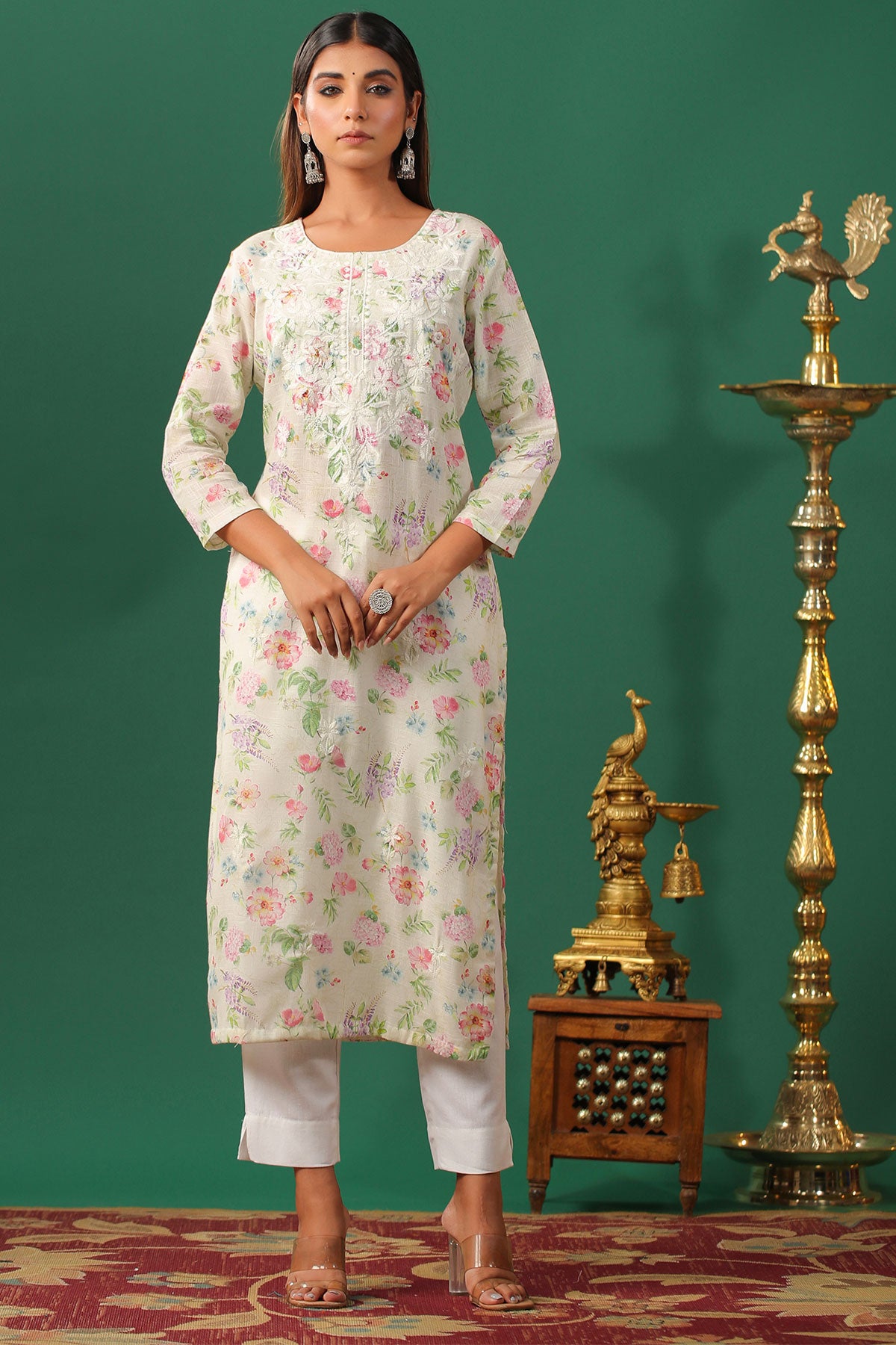 Cream Cotton Floral Printed Kurti Pant Set with Threadwork Embroidered Neck