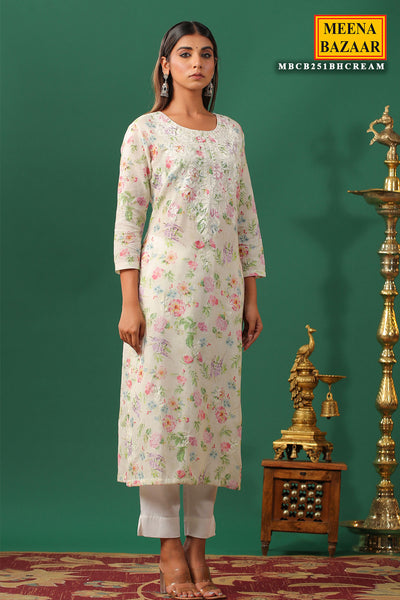 Cream Cotton Floral Printed Kurti Pant Set with Threadwork Embroidered Neck