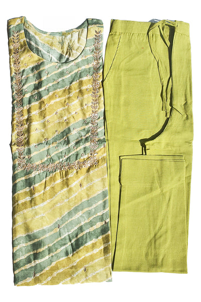 Mehandi Muslin Printed Neck Embroidered Kurti-Pant Set