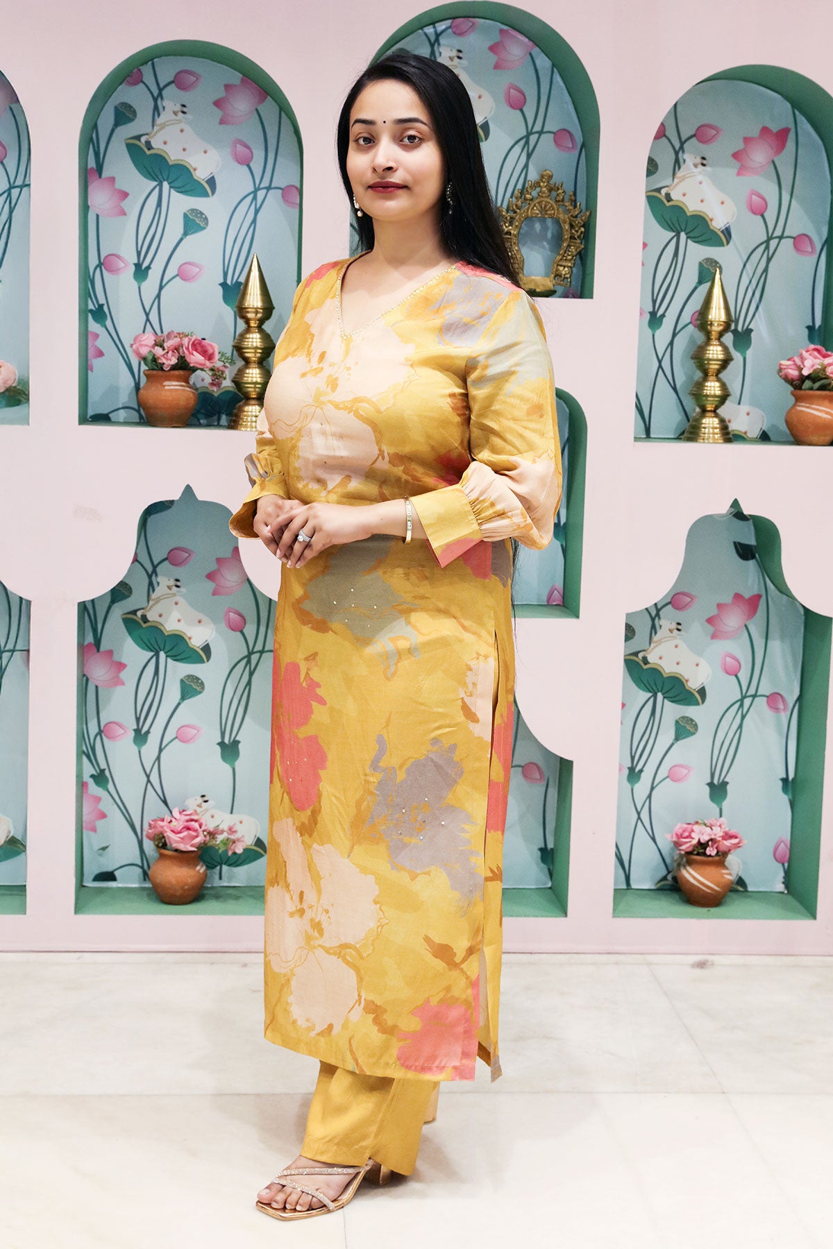 Mustard Muslin Floral Printed V-Shaped Kurti Pant Set