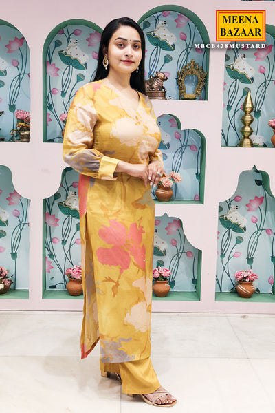 Mustard Muslin Floral Printed V-Shaped Kurti Pant Set