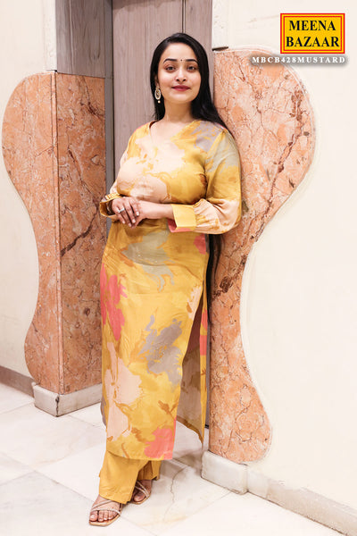 Mustard Muslin Floral Printed V-Shaped Kurti Pant Set