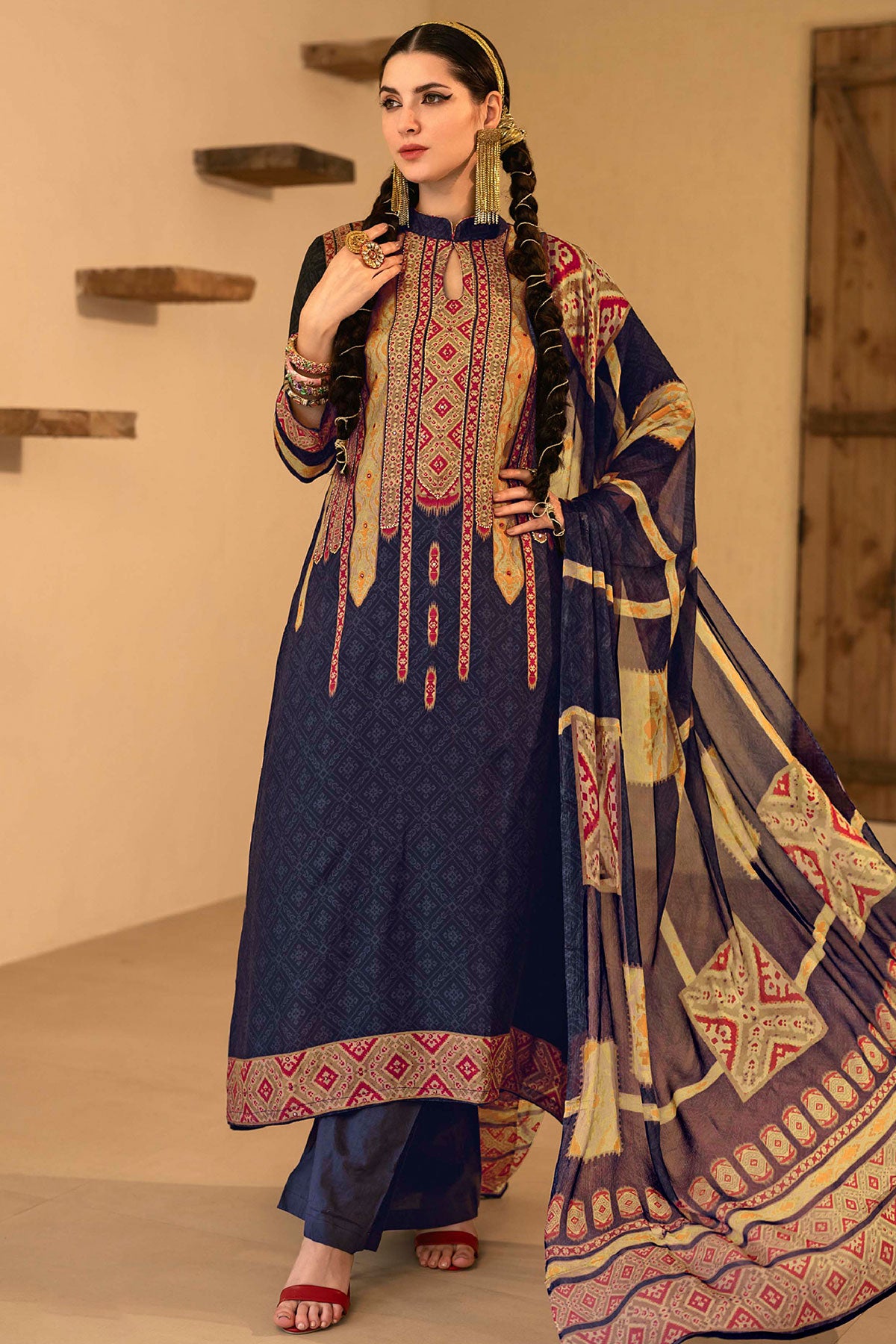 Navy Pashmina Digital Printed Sequins and Zari Embroidered Suit Set
