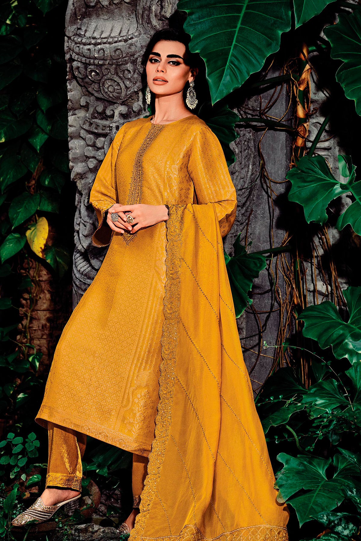 Mustard Silk Kimkhab Weaving Zari Embroidered Unstitched Suit