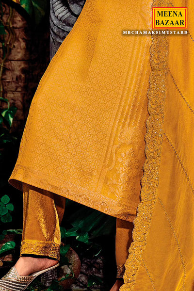 Mustard Silk Kimkhab Weaving Zari Embroidered Unstitched Suit