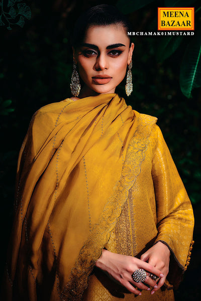 Mustard Silk Kimkhab Weaving Zari Embroidered Unstitched Suit