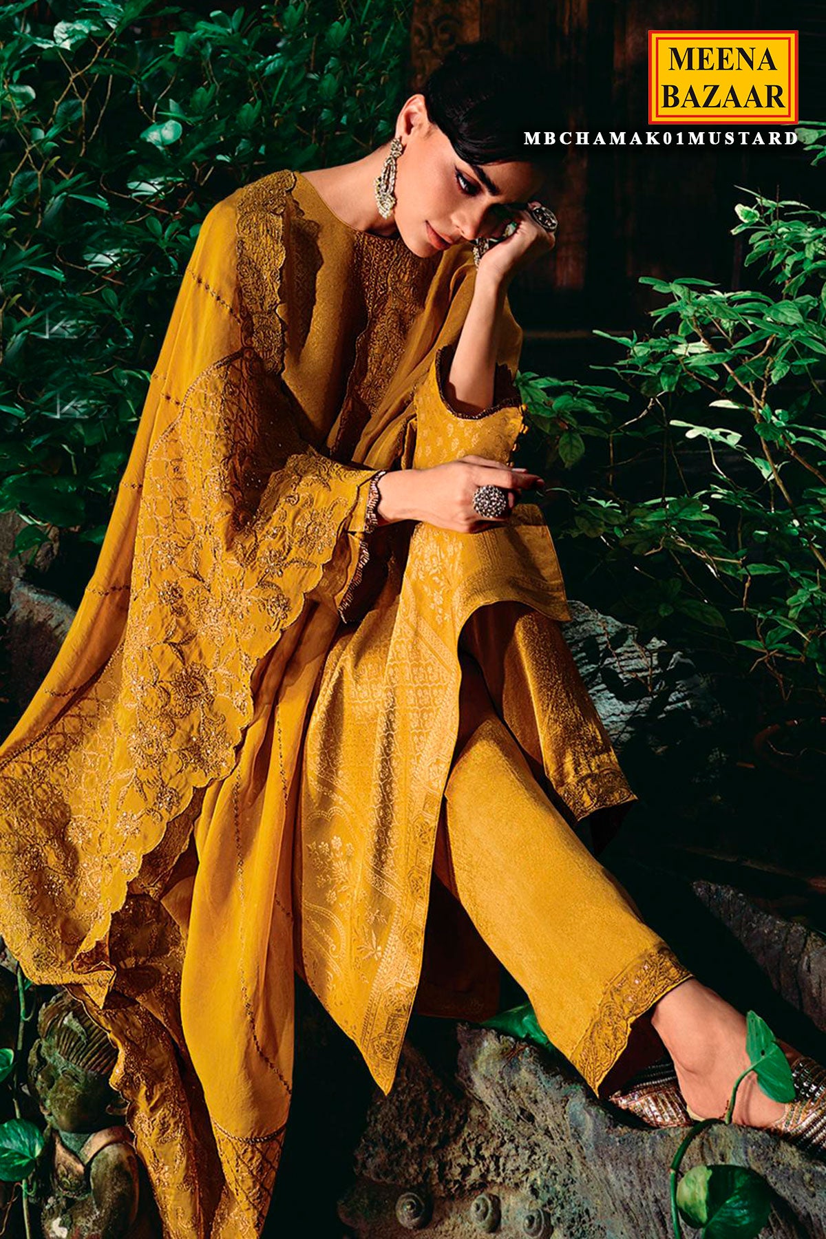 Mustard Silk Kimkhab Weaving Zari Embroidered Unstitched Suit