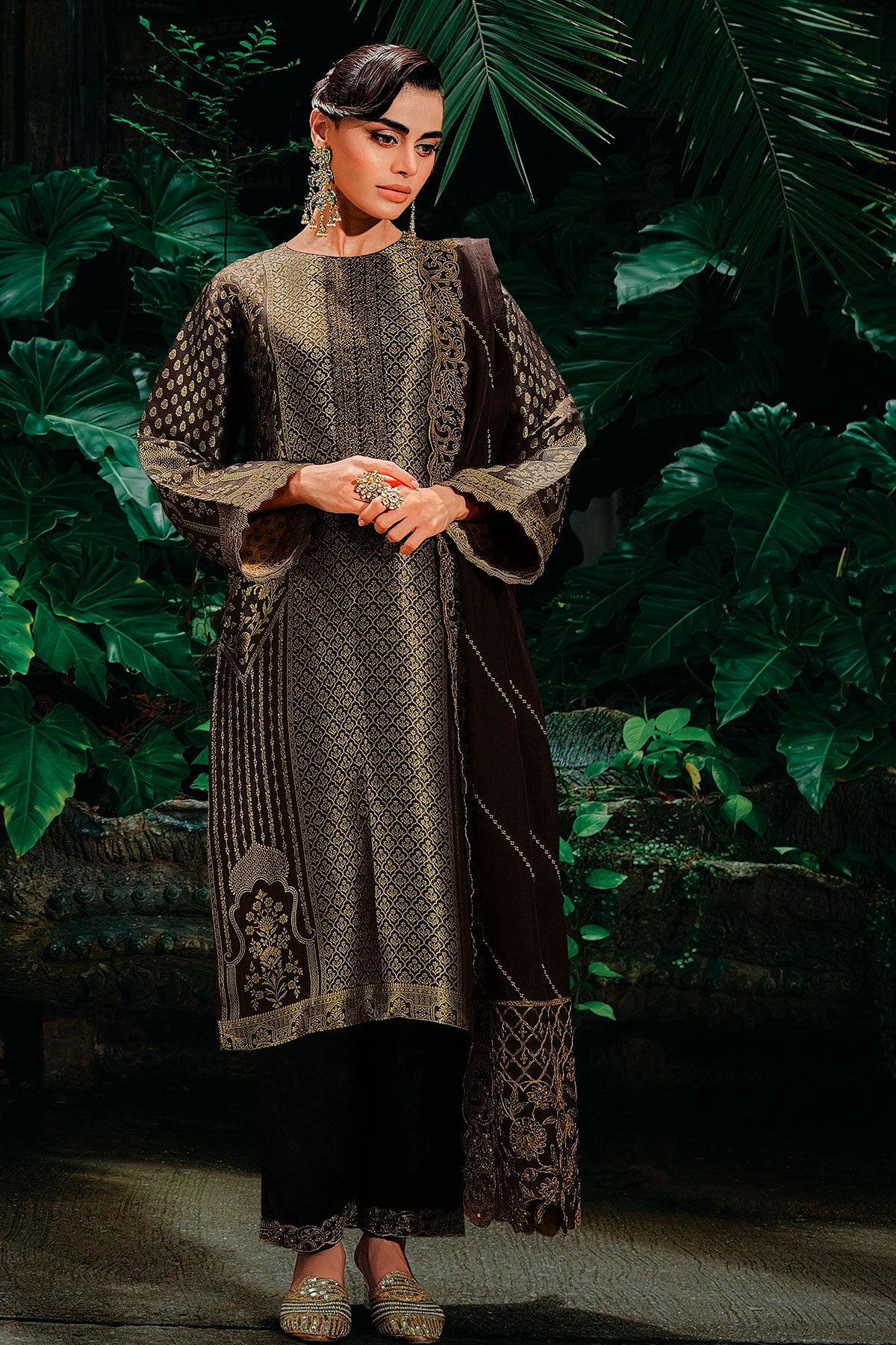 Black Silk Kimkhab Weaving Zari Embroidered Unstitched Suit