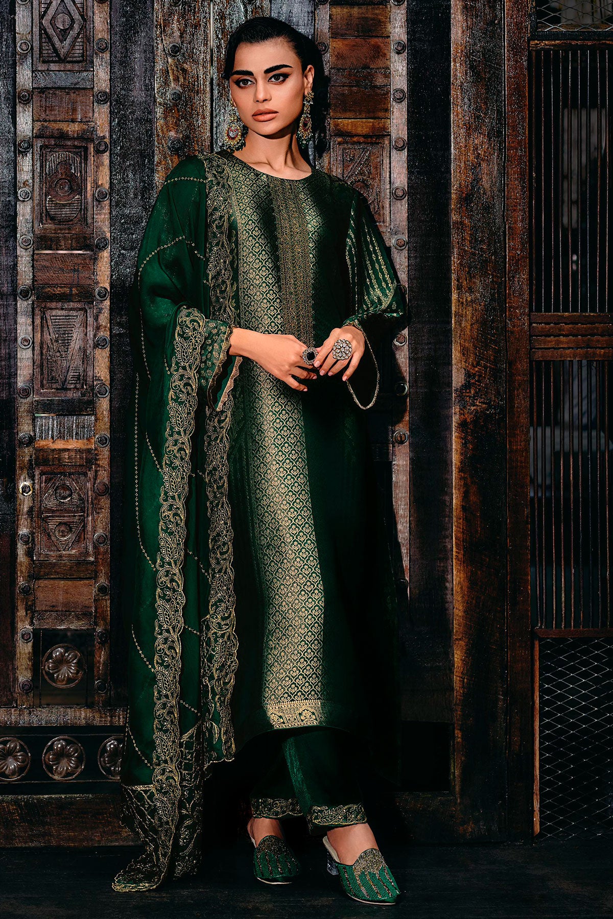 Bottle Green Silk Kimkhab Weaving Zari Embroidered Unstitched Suit