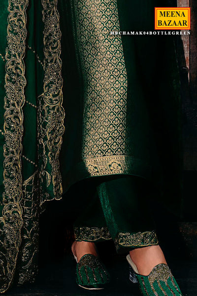 Bottle Green Silk Kimkhab Weaving Zari Embroidered Unstitched Suit