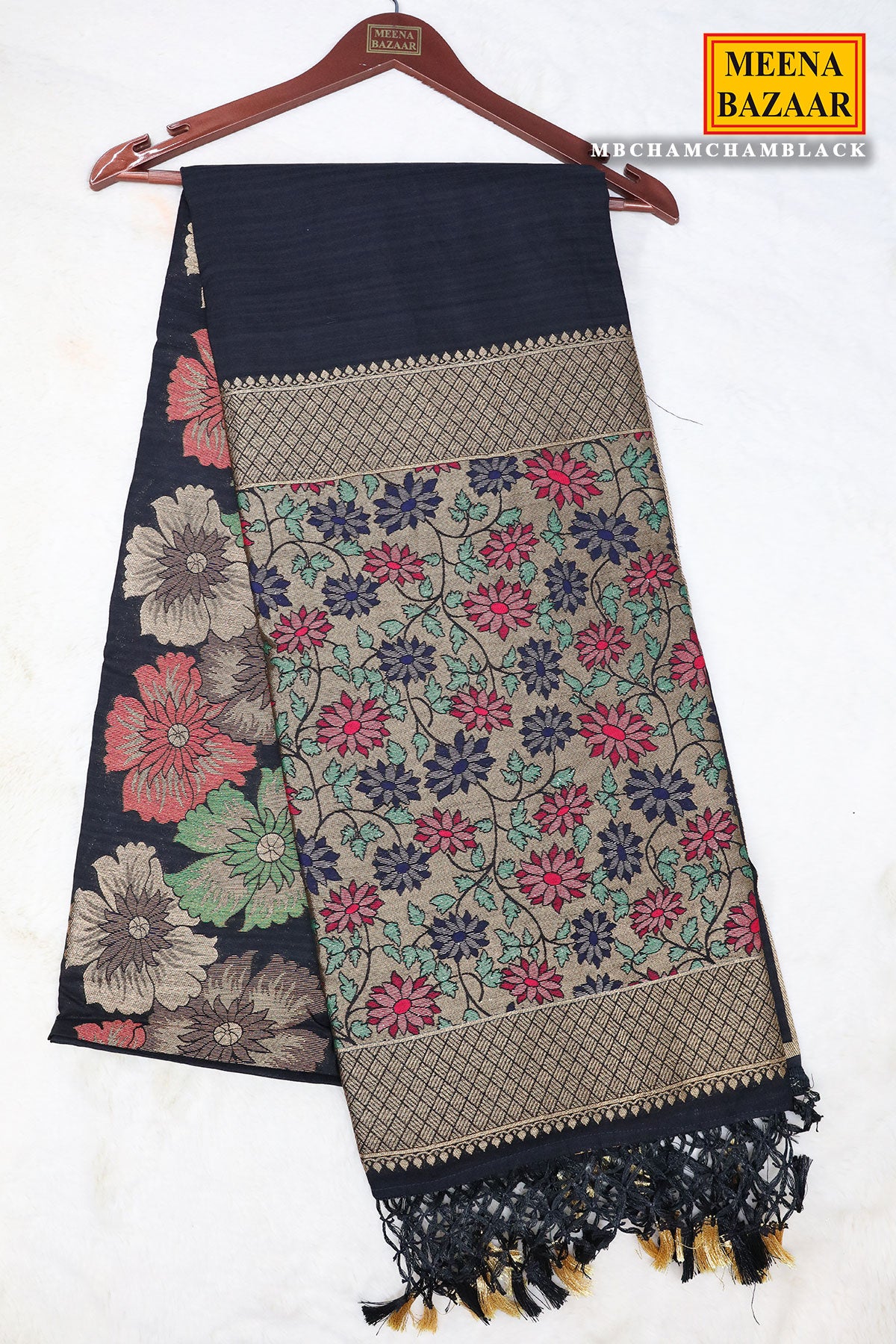 Black Silk Floral Motif Zari Woven Saree