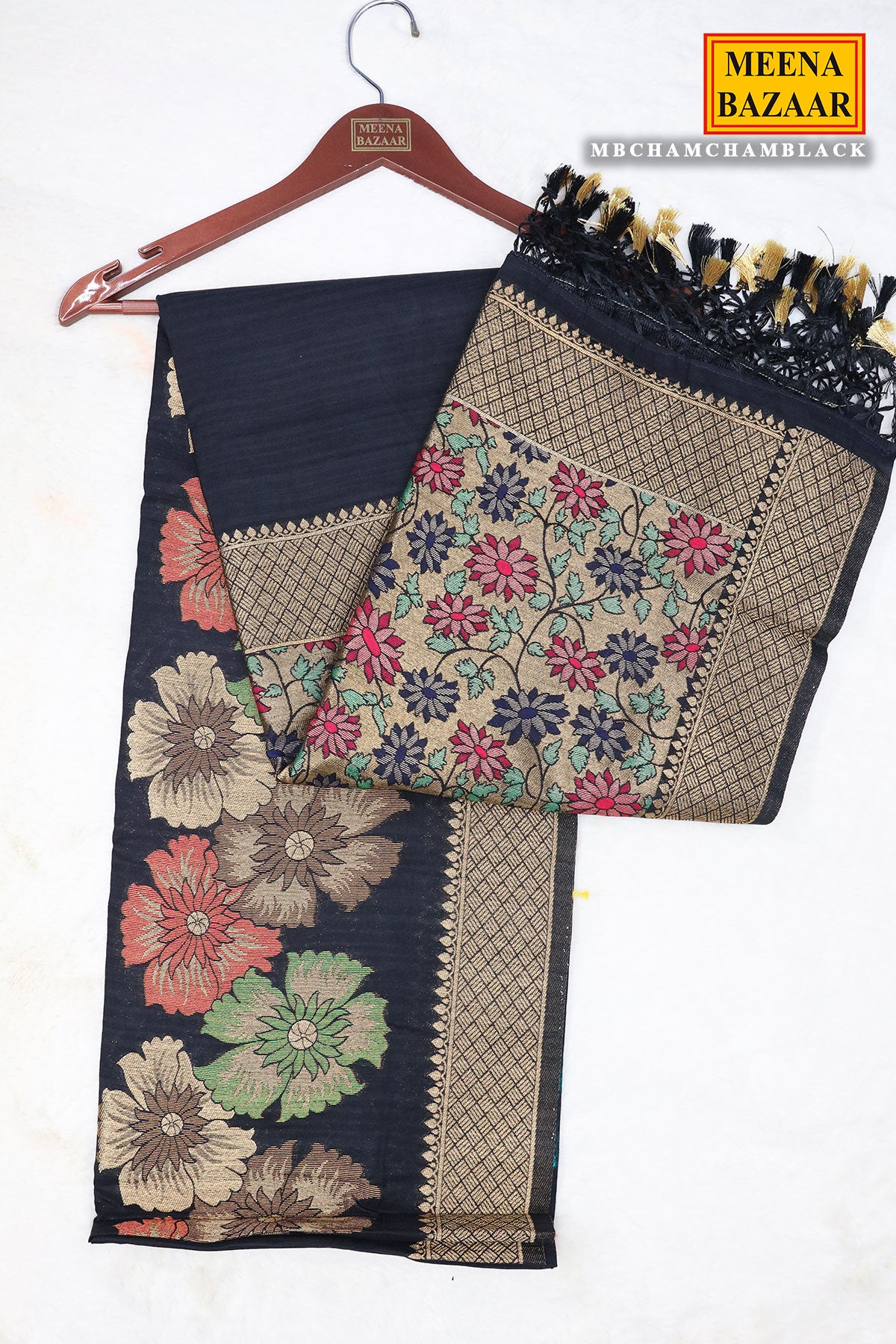 Black Silk Floral Motif Zari Woven Saree