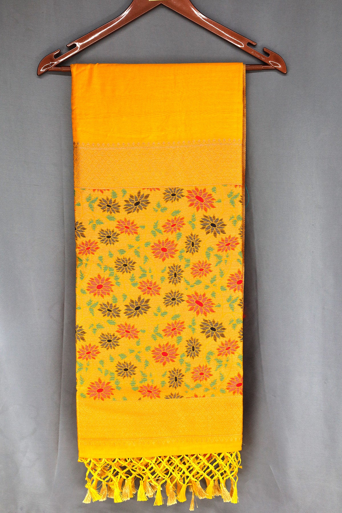 Mustard Silk Floral Motif Zari Woven Saree