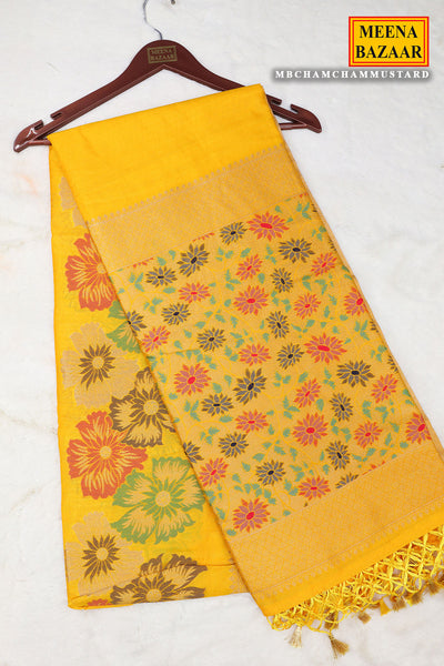 Mustard Silk Floral Motif Zari Woven Saree