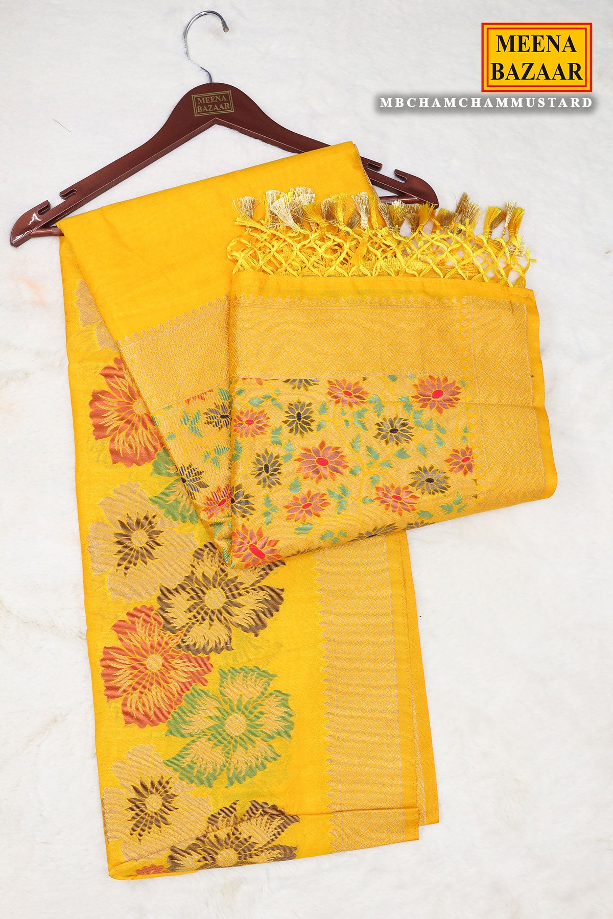 Mustard Silk Floral Motif Zari Woven Saree