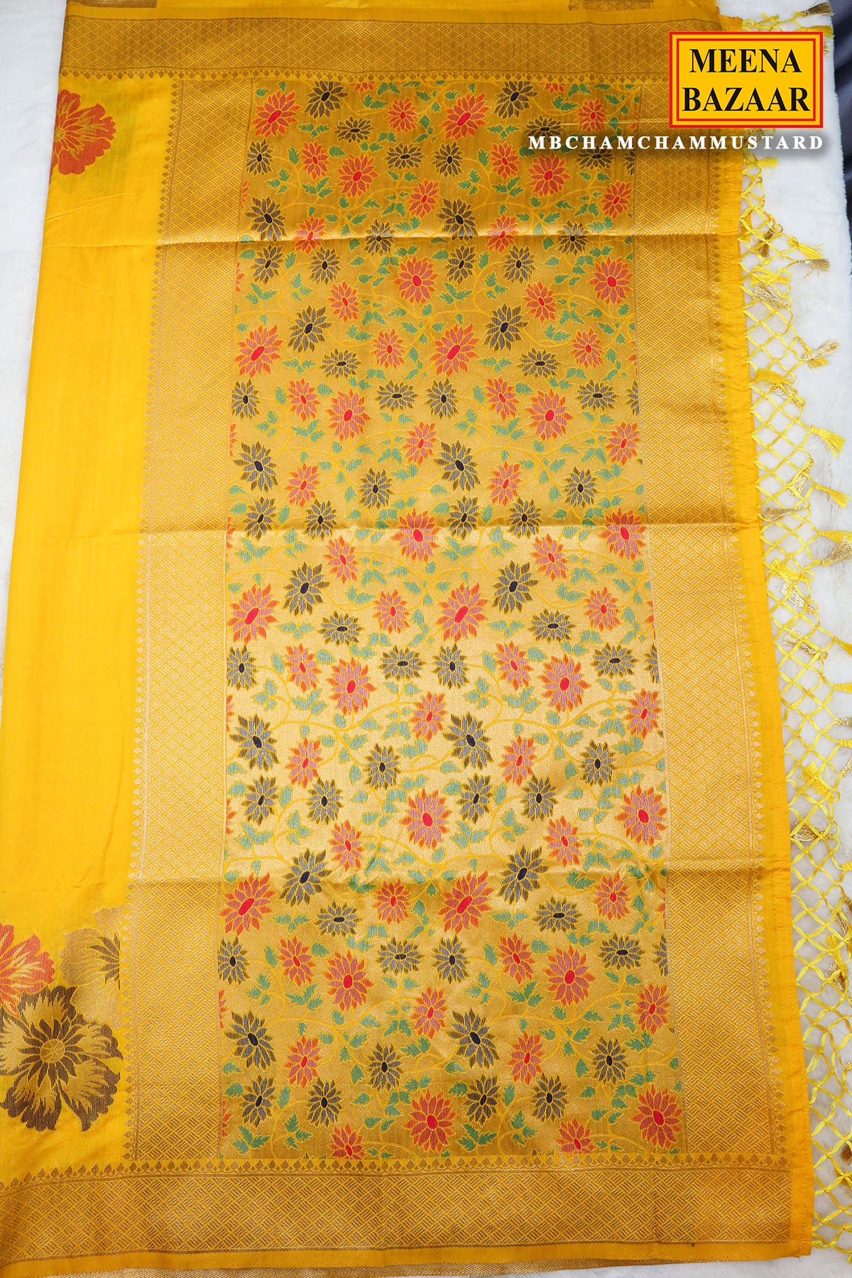 Mustard Silk Floral Motif Zari Woven Saree