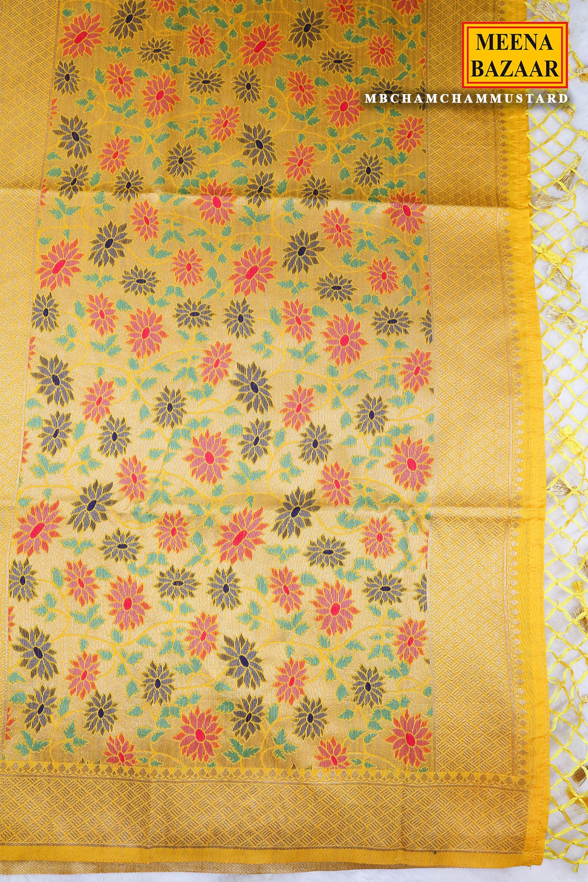 Mustard Silk Floral Motif Zari Woven Saree