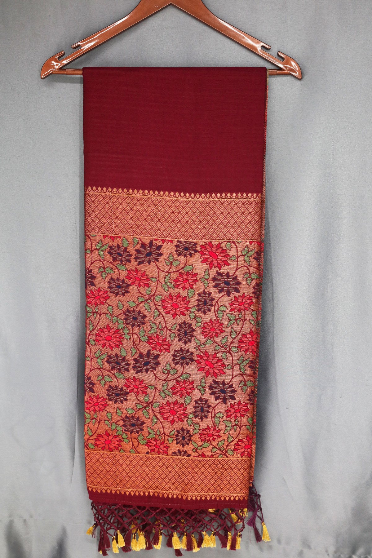 Wine Silk Floral Motif Zari Woven Saree