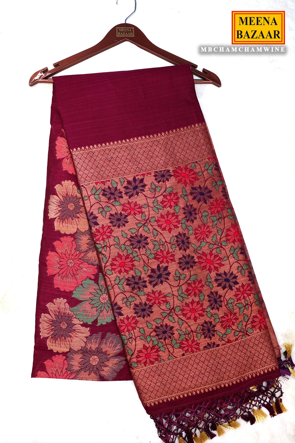 Wine Silk Floral Motif Zari Woven Saree