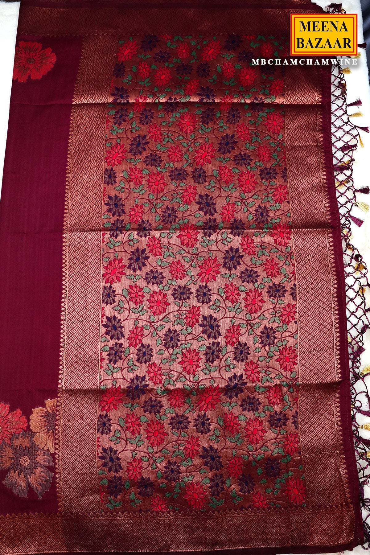 Wine Silk Floral Motif Zari Woven Saree