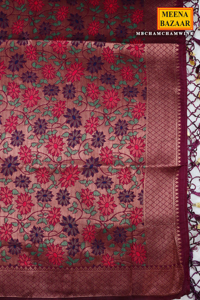 Wine Silk Floral Motif Zari Woven Saree