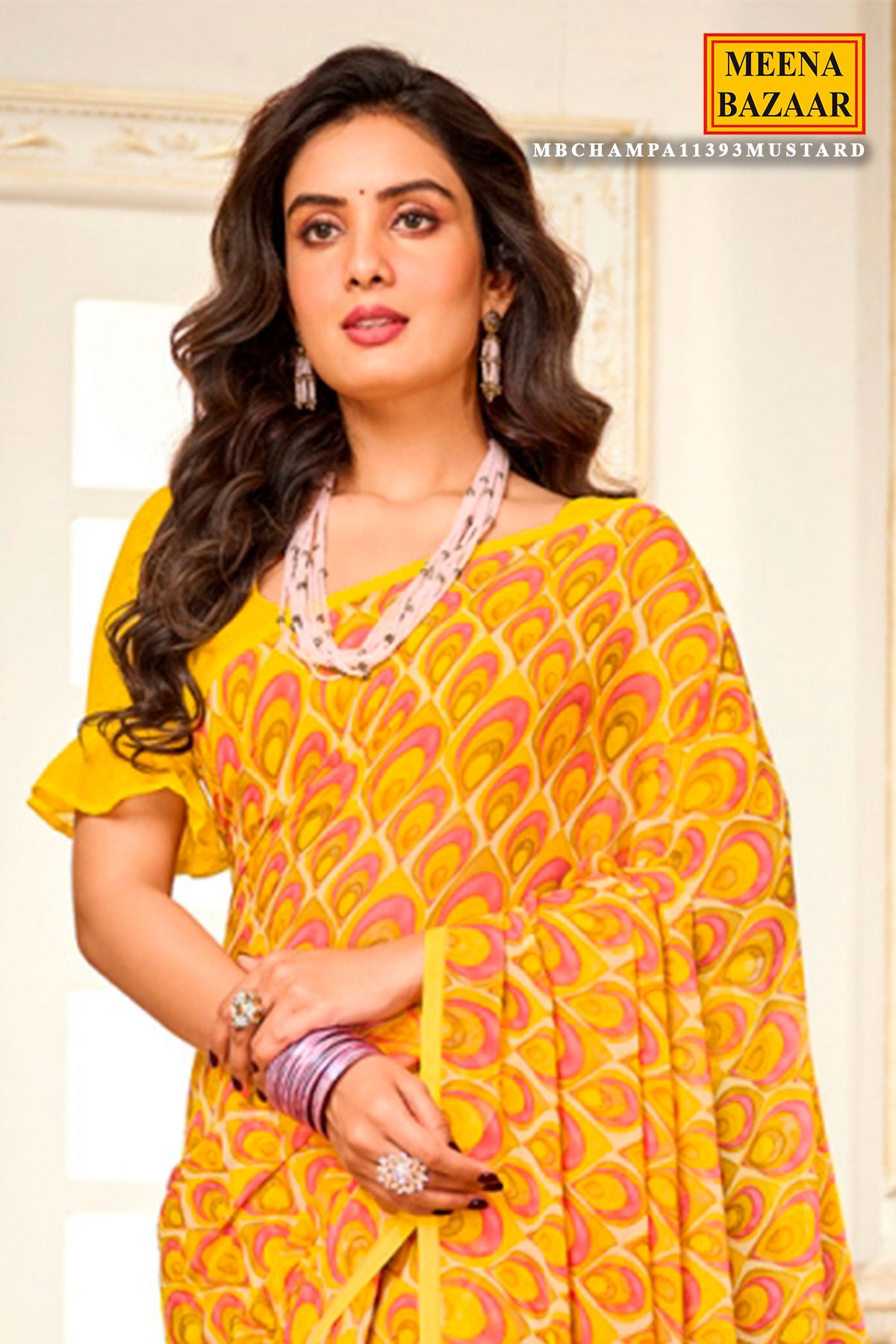 Mustard Georgette Abstract Feather Printed Saree