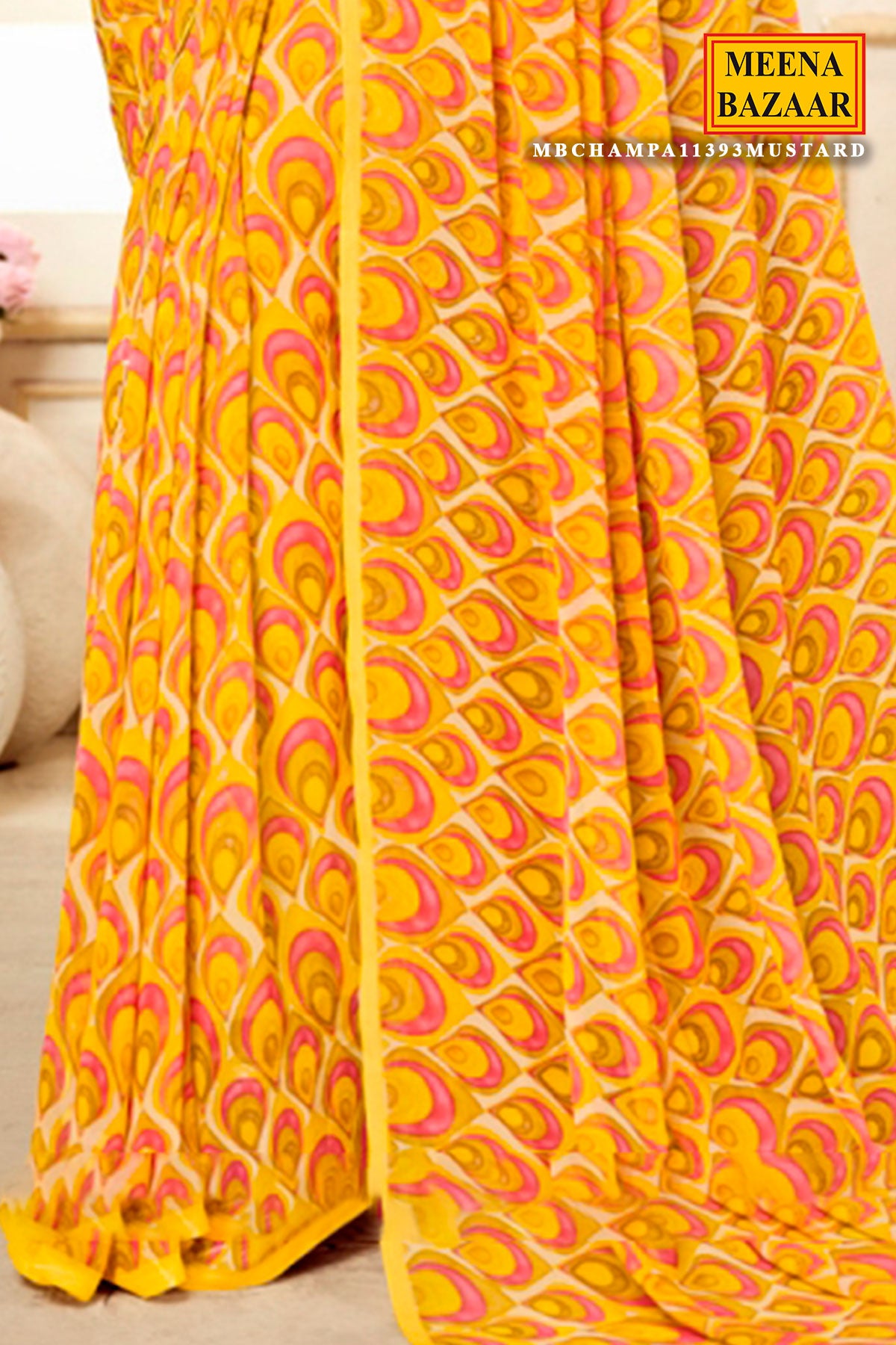 Mustard Georgette Abstract Feather Printed Saree
