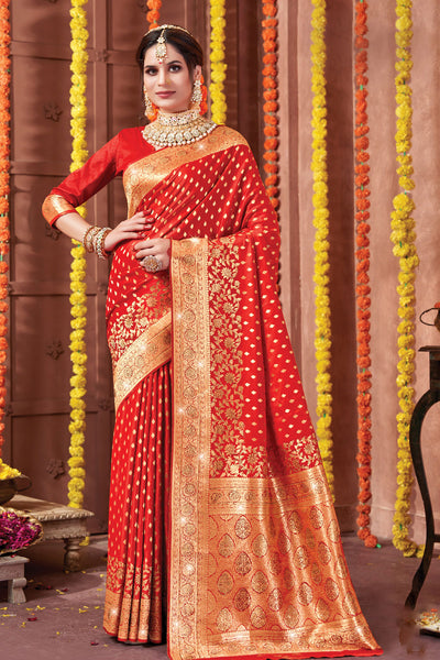 Red Modal Satin Weave Embroidered Saree
