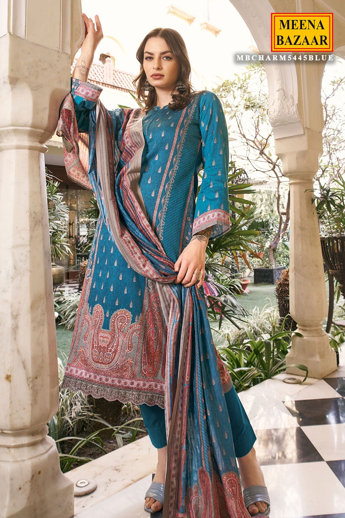 Blue Cotton Floral Printed Suit Set