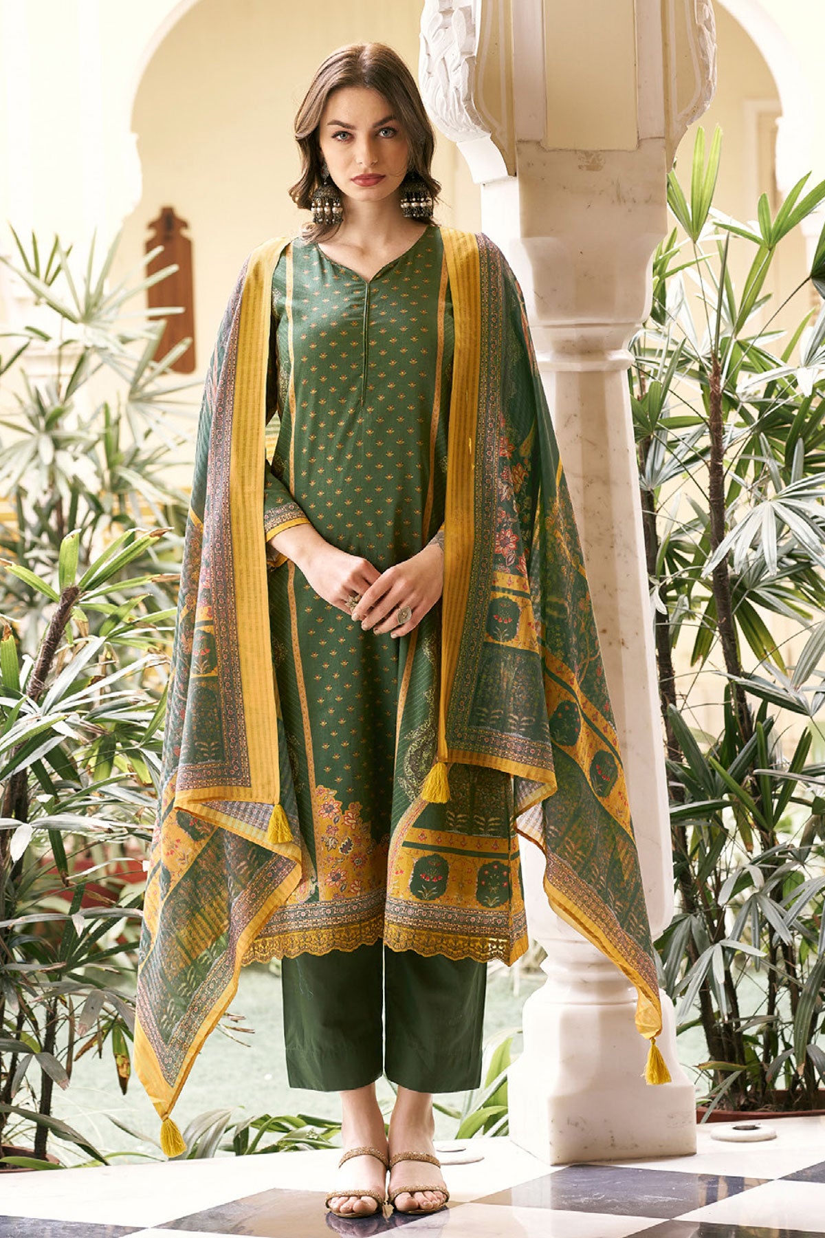 Green Cotton Floral Printed Suit Set