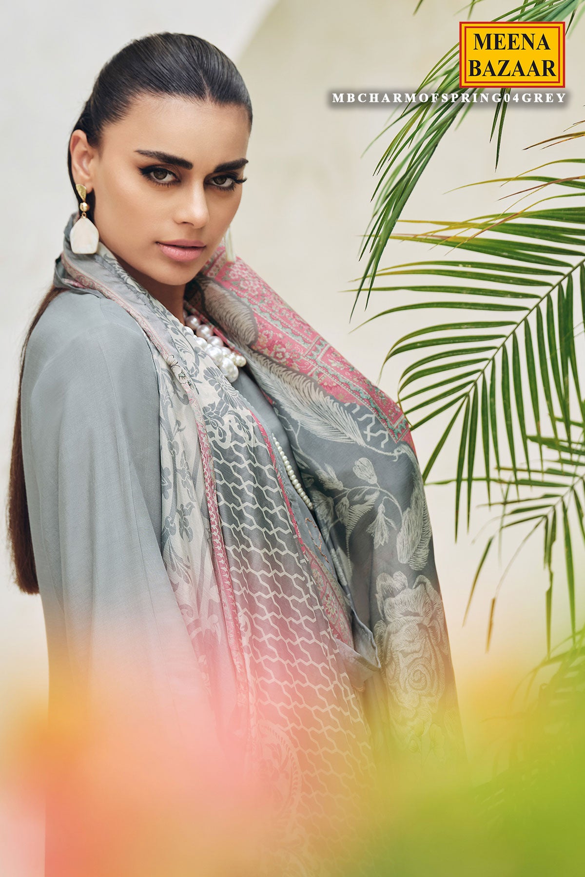 Grey Modal Silk Floral Thread Embroidered Suit Set